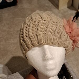 Cream Knit Beret with Pink Flower Hat